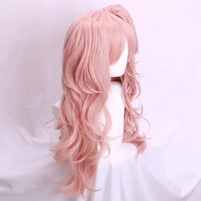 Enoshima Junko Cosplay Wig Pink Long Wavy and Horsetail Clip Heat-resistant Cosplay Wig Headdress