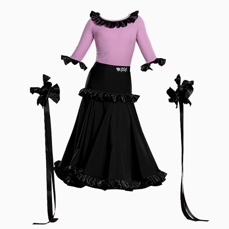 Kinder Mädchen Walzer Tango Gesellschaftstanz Professionelle Kleider Lila Schwarz Body und Rüschen Große Röcke Modernes Tanzkostüm