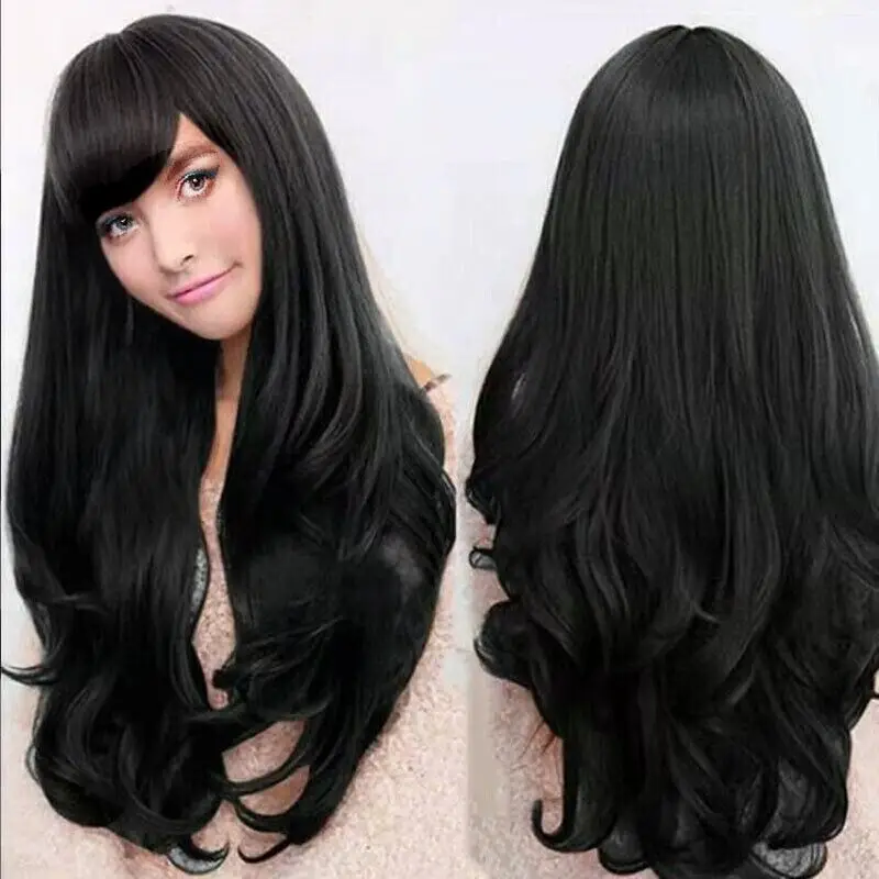 Black Long Curly Wigs Fashion Cosplay Hair Anime Full Wavy Party Wig 80cm