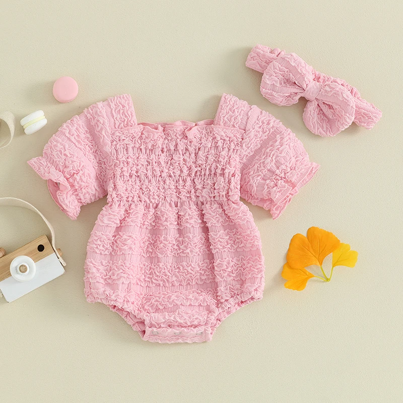 

Newborn Baby Girls Summer Outfits Solid Color Ruched Short Sleeve Romper Jumpsuits with Cute Headband Set Summer Clothes