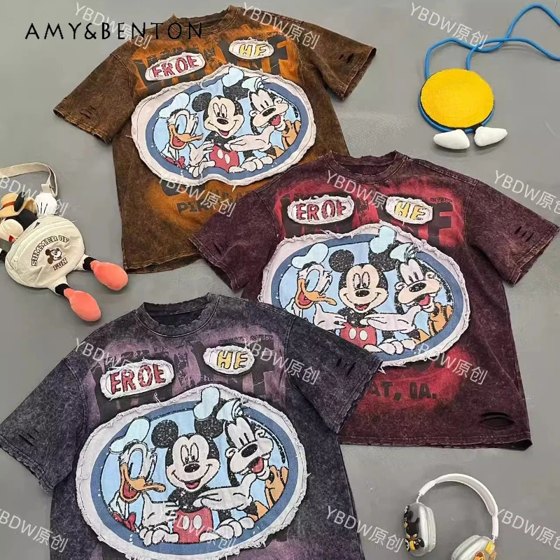 

Autumn Popular New Tees Eavy Industry Washing Water Cartoon Medium And Long Oversized Loose Short-sleeved T-shirt Top Pullovers