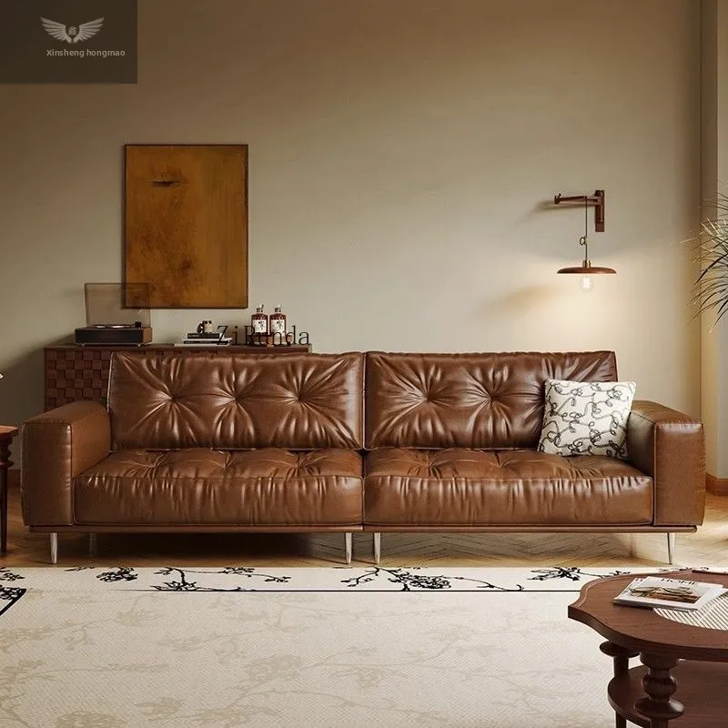 Retro style leather sofa set, retro living room art sofa three four seats straight row small size