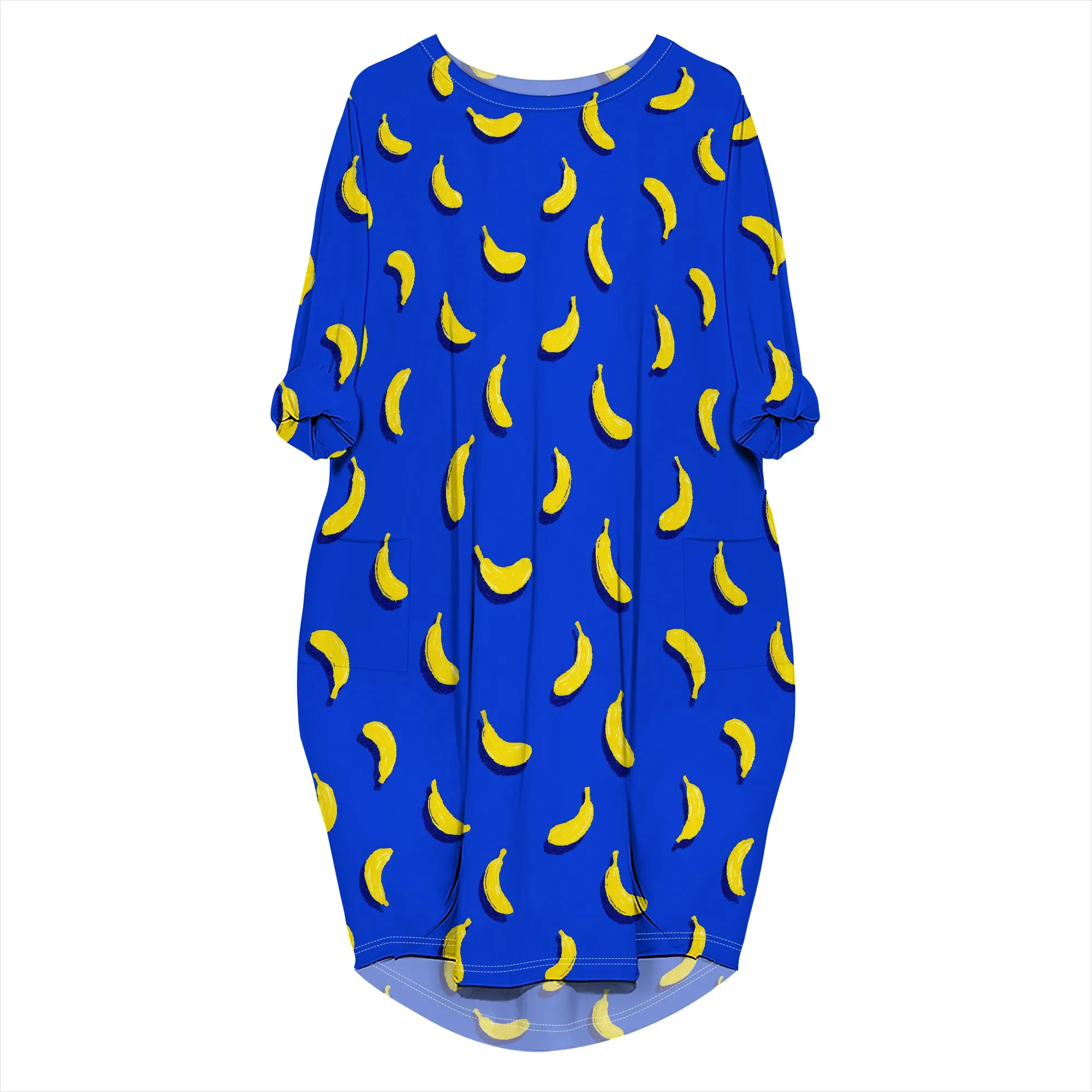 Women's fitted casual long-sleeved loose dress, round neck, with pockets, flowing sports shirt dress