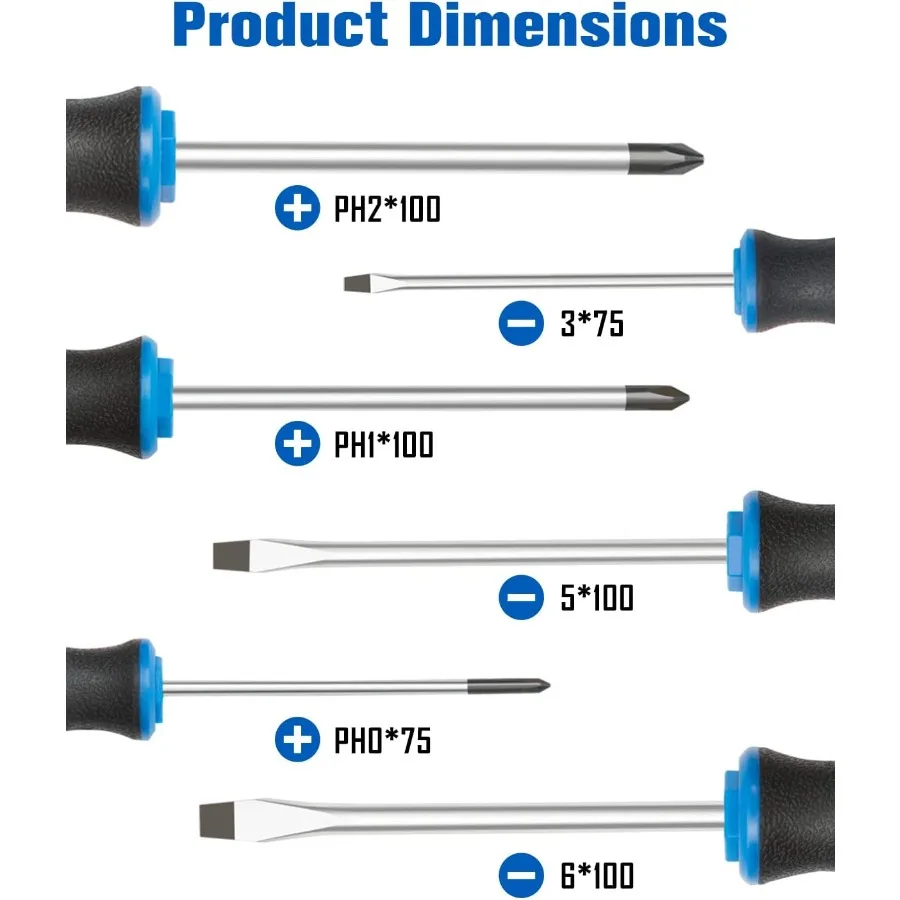 Set Obeng Ujung Magnetik 6 Buah dengan 3 Kepala Phillips dan 3 Kepala Datar untuk Perbaikan Elektronik Presisi Pegangan Bantalan Profesional D