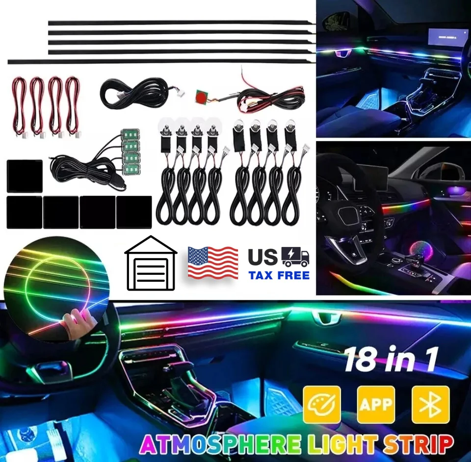 18 in 1 Automotive Universal LED Ambient Light 64 Color Acrylic Light Bar Symphony Ribbon Interior Rainbow Ambient Light Kit App