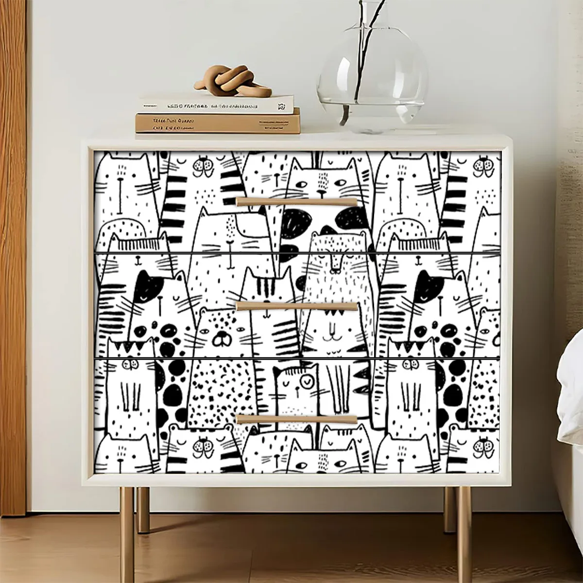 Cartoon Cat Wallpaper Peel and Stick Black White Contact Paper Self Adhesive Animal Cute Kitten Wall Paper for Kids Room Nursery
