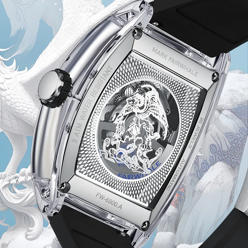 Mark Fairwhale 6900 Fashion Men's Automatic Tonneau Type Personality Bai Ze Legendary Beast Pattern Dial Mechanical Watches