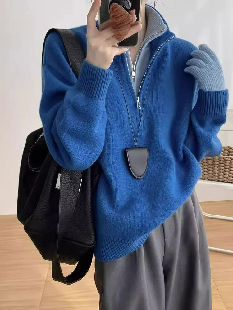 

Korean Design Sense Casual Long Sve Stand Collar Warm Camere Knitted Sweater Autumn Winter Commute Casual Wear