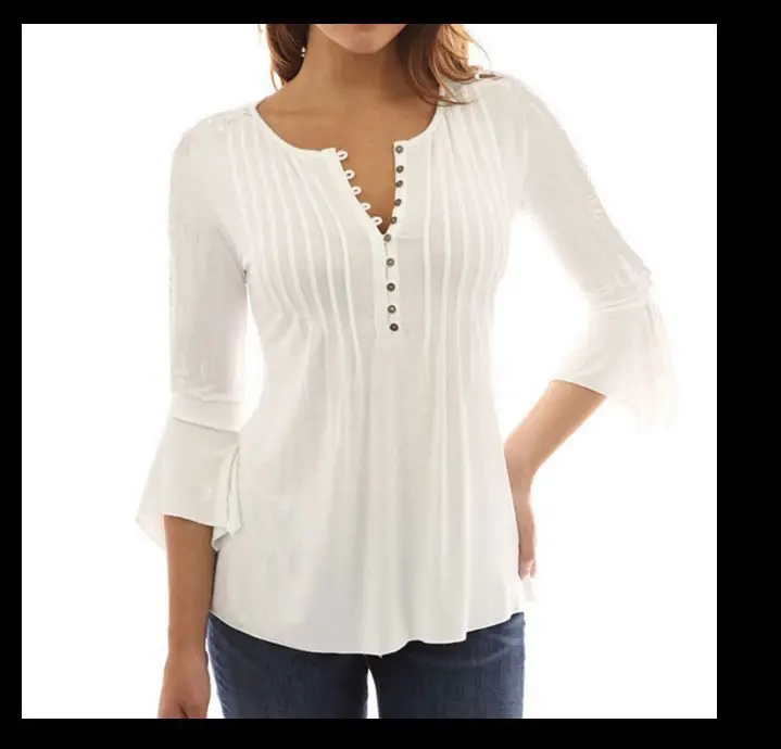 

2025 European and American Spring and Autumn Fashion New Women's Lace Frill Sleeve Pleated Solid Color Button T-shirt Base Shirt