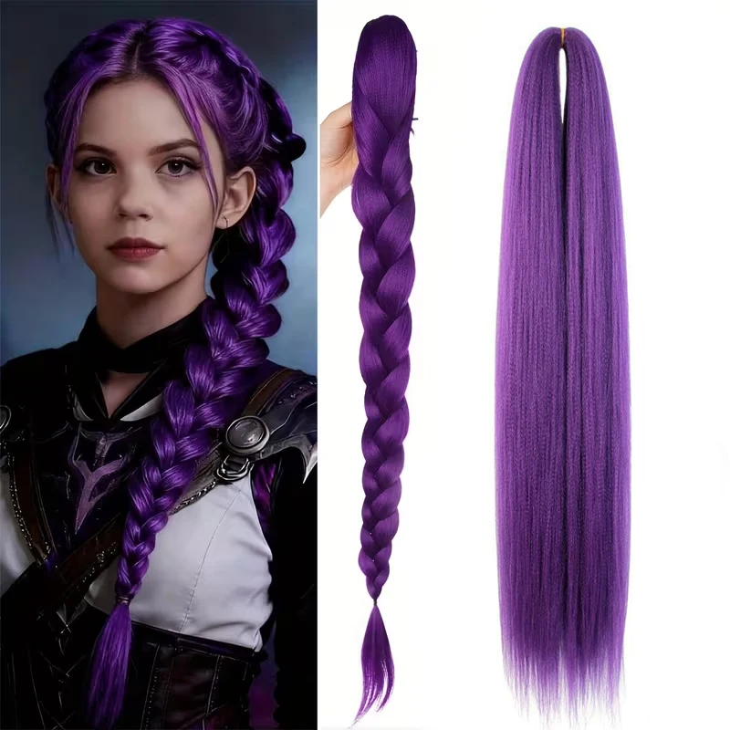 26inch Purple Synthetic Braided Hair Ponytail Extensions for Kids Cosplay Long Purple Braids for Kids Christmas Party Use