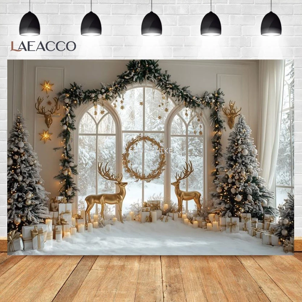 عيد الميلاد الأيائل التصوير خلفية نافذة خارجية الثلوج الشتاء العجائب الأسرة الاطفال عيد الميلاد عطلة ديكور خلفية استوديو الصور