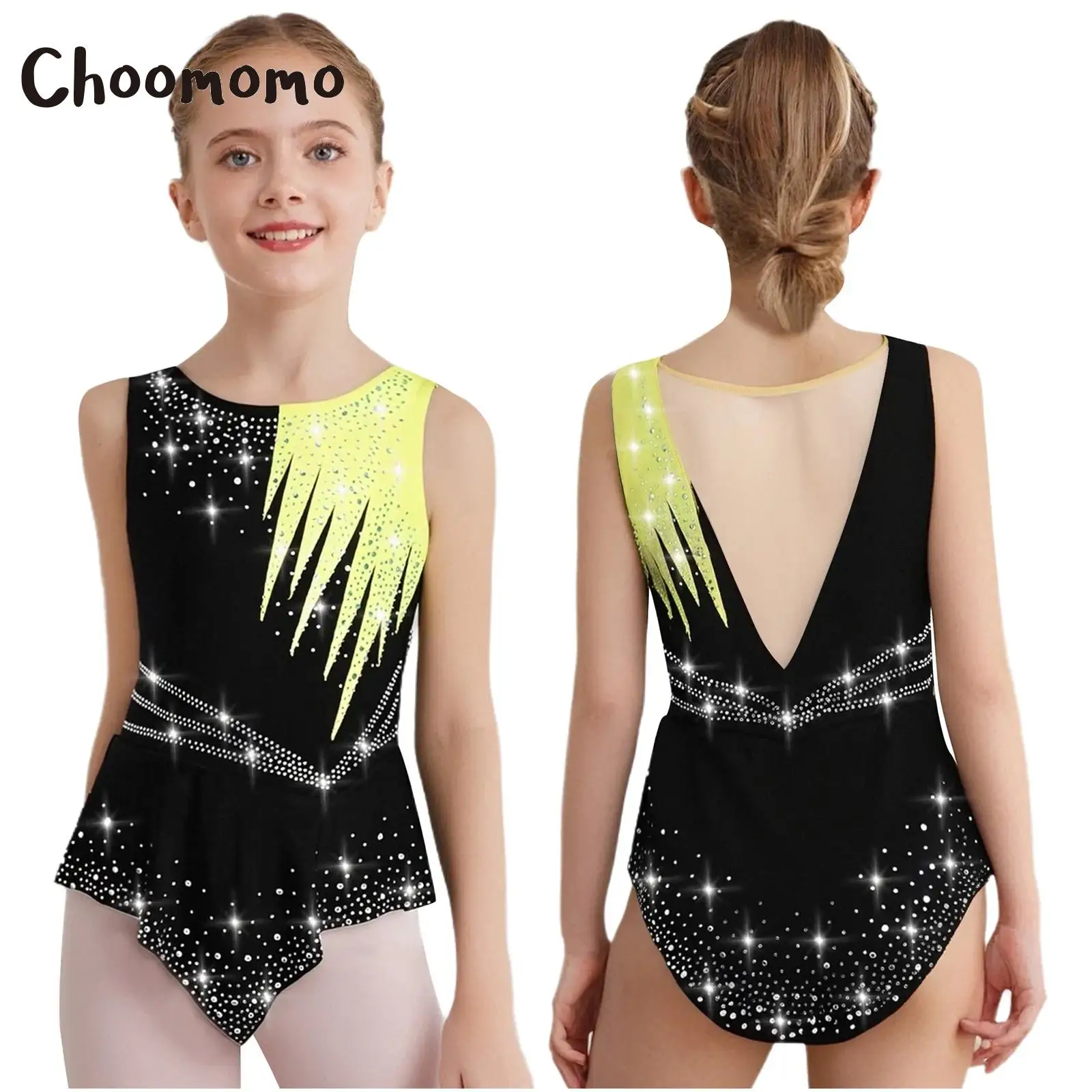 

Kids Girls Ballet Gymnastics Leotard Rhinestones Bodysuit Elegant Figure Skating Dancewear for Ballet and Lyrical Competition