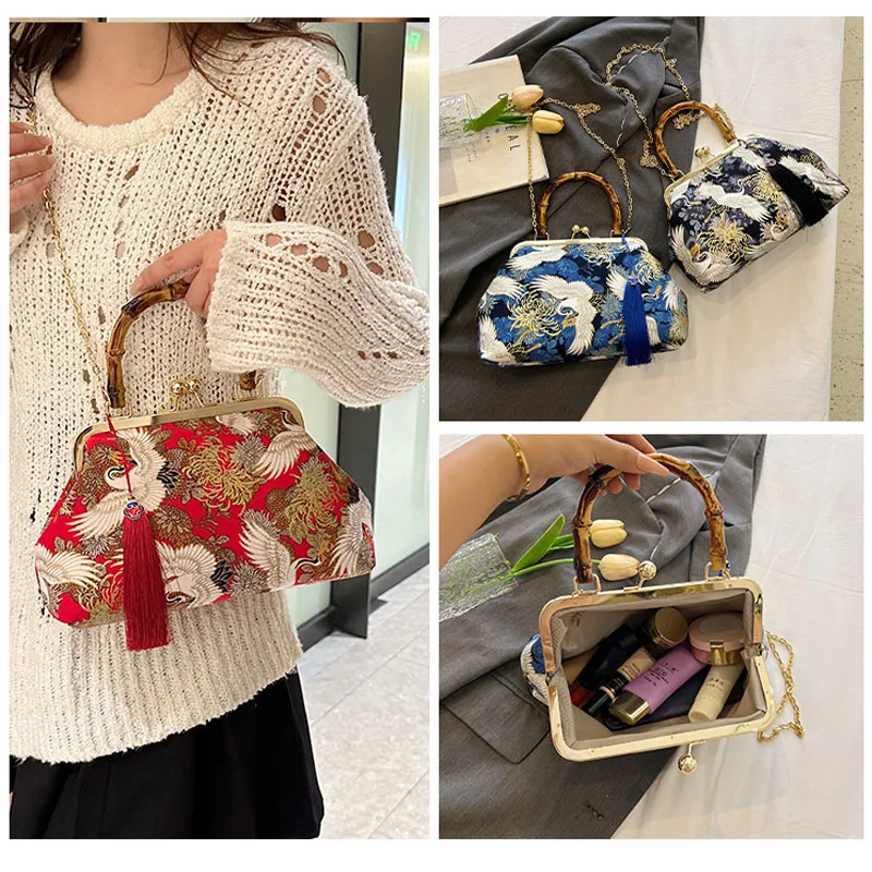 2024 New Chinese Retro Crane Folding Fan Printed Tassel Bamboo Hand  bag Shoulder Bag Crossbody Bag