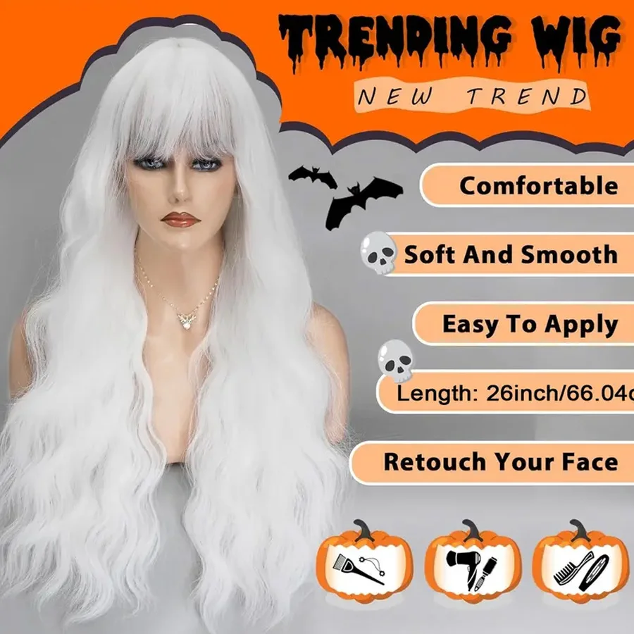 White Wig with Bangs for Women - Natural Looking Heat Resistant Synthetic Curly Wave Long Wavy Wig