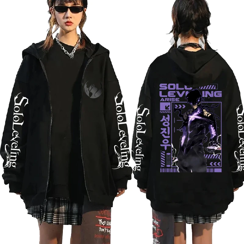 Solo Leveling Sung Jin Woo Zip Up Hoodie Anime Printed Sweatshirt Men Unisex Long Sleeve Fleece Loose Hooded Zipper Streetwear