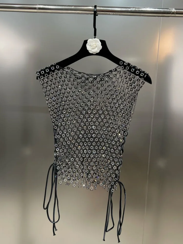 DEAT 2024 New Spring Fashion Spliced Diamonds Round Neck Sleeveless Pullover Sexy See Throw T-shirt WW97601L