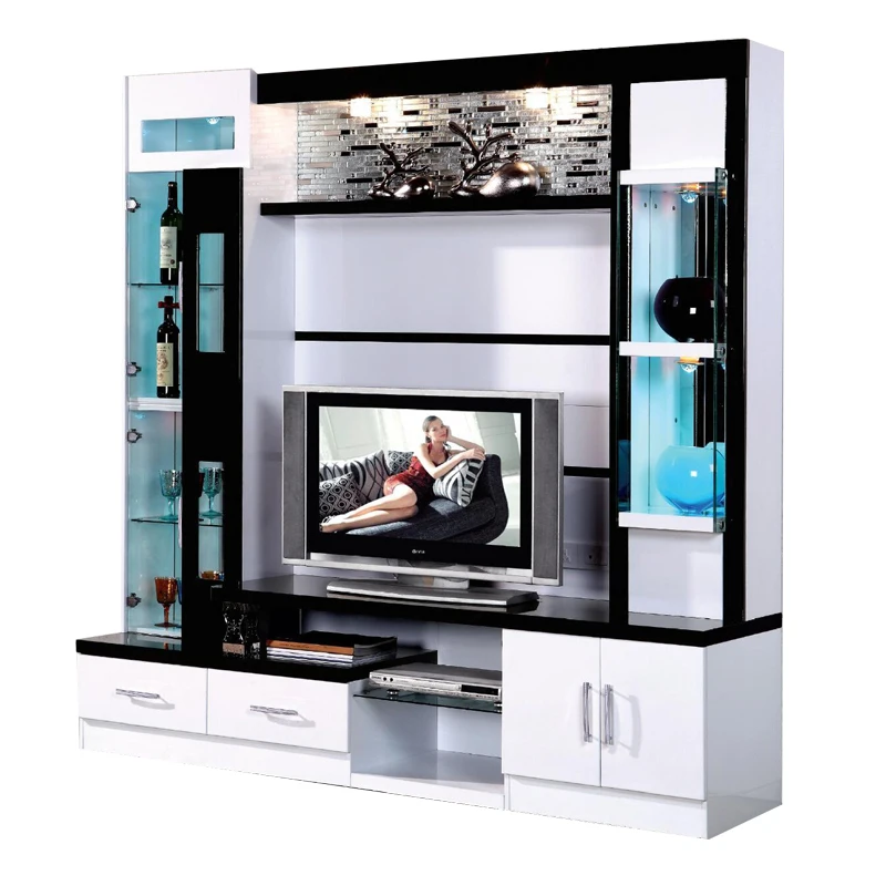 Living room cabinets White Black MDF tv unit corner glass tv stand wood