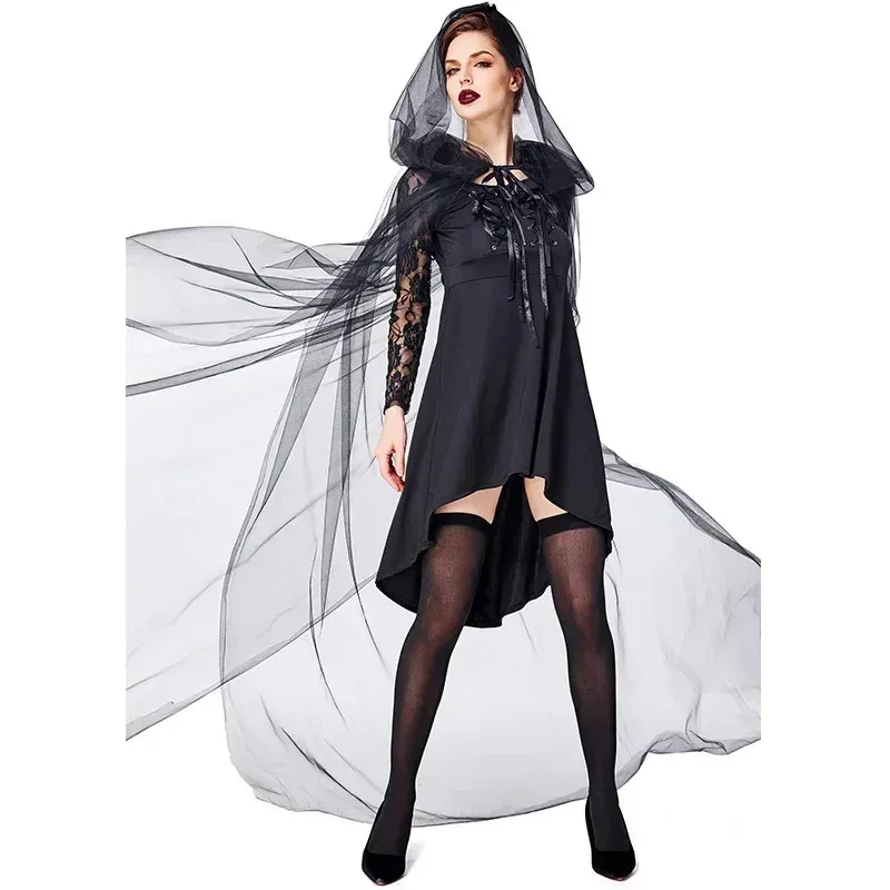 أسود القوطية الساحرة زي شبح العروس تأثيري للنساء هالوين بوريم ملابس تنكرية للحفلات فستان بتصميم حالم عباءة طويلة #2