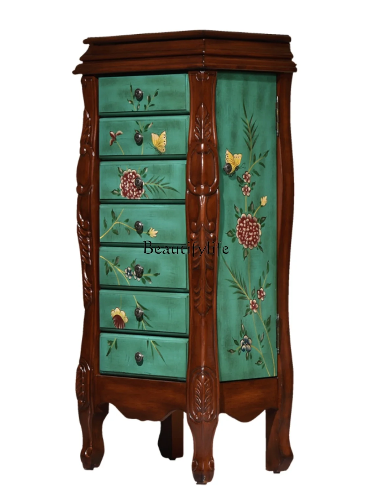 Vintage Green Jewelry Solid Wood Home Painted European Style Chest of Drawers Tailstock Drawer Curio Cabinet