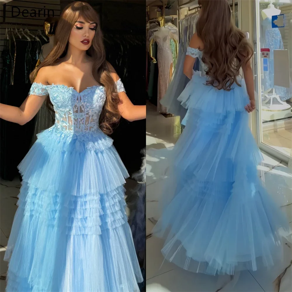 

Customized Prom Dress Dearin Off-the-shoulder A-line Floor Length Skirts Layered Draped Tulle Print Bespoke Occasion Dresses Sau