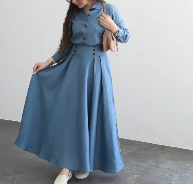 

Элегантный комплект из двух предметов для женщин, однобортный дизайн, свободная рубашка с длинными рукавами и высокой талией, свободная юбка трапециевидной формы