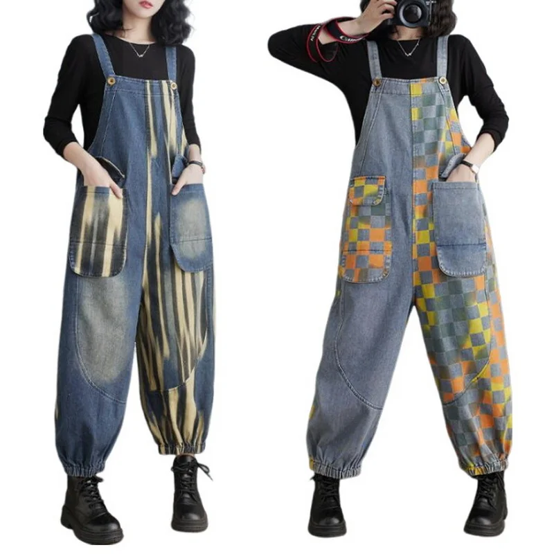 Female Denim Jumpsuit Loose Lantern Pants Gradient Printed Jean Bloomers Overalls