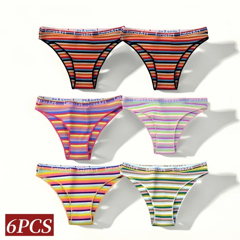 6PCS/Set Cotton Panties For Women Striped Briefs Low Waist Bottoms Female Sports Underpants Seamless Underwear Sexy Lingerie