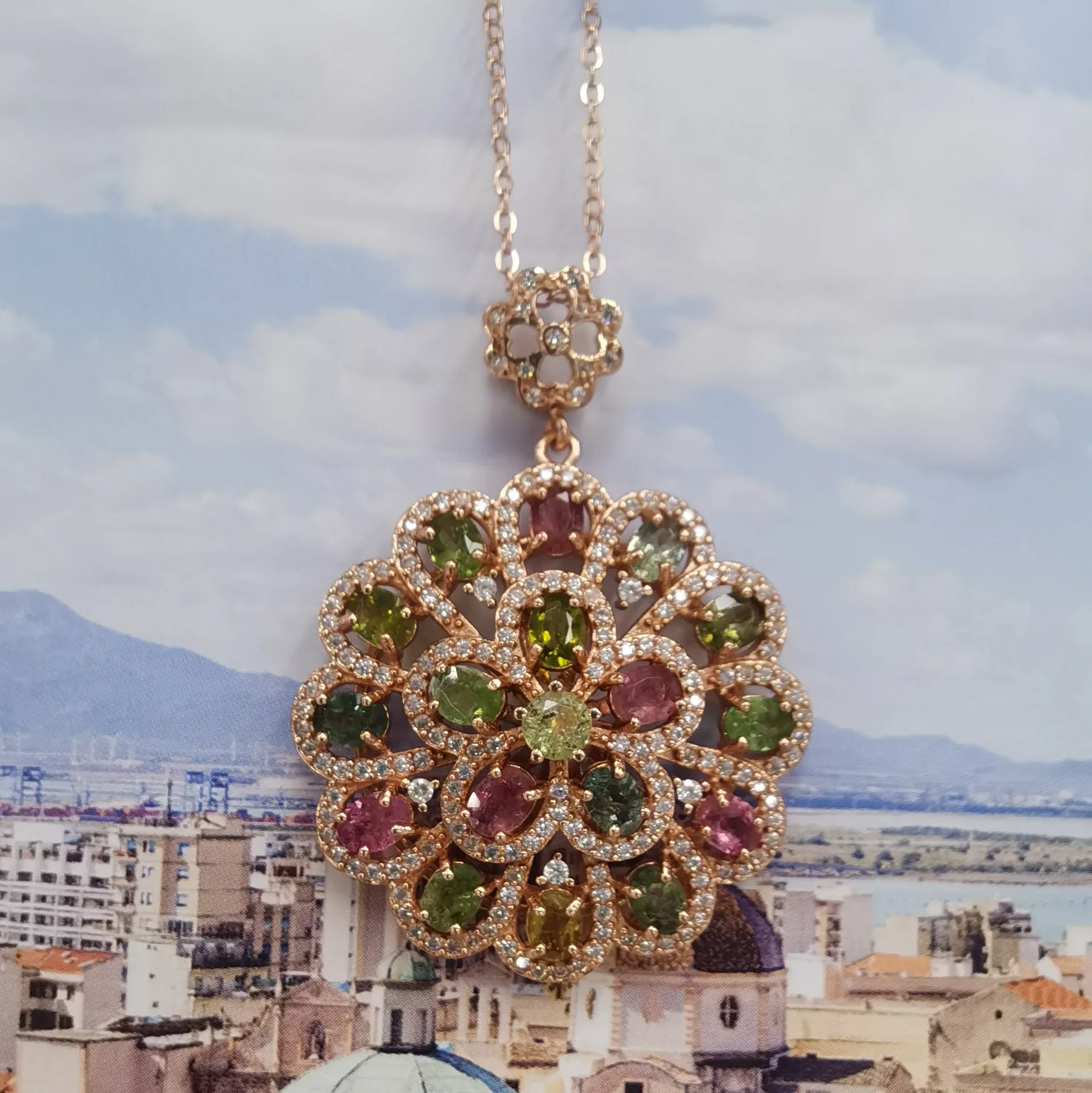 Natural Colorful Tourmaline Flower Pendant S925 Silver Rose Gold Plated Jewelry, Chain Not Included