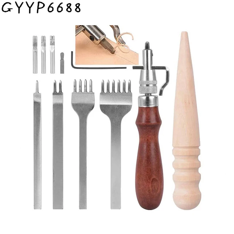 Leather Craft Tools Kits Wood Slicker Wood Round Sewing Stitching Punch Carving Work Saddle Sew Groover Professional Accessories