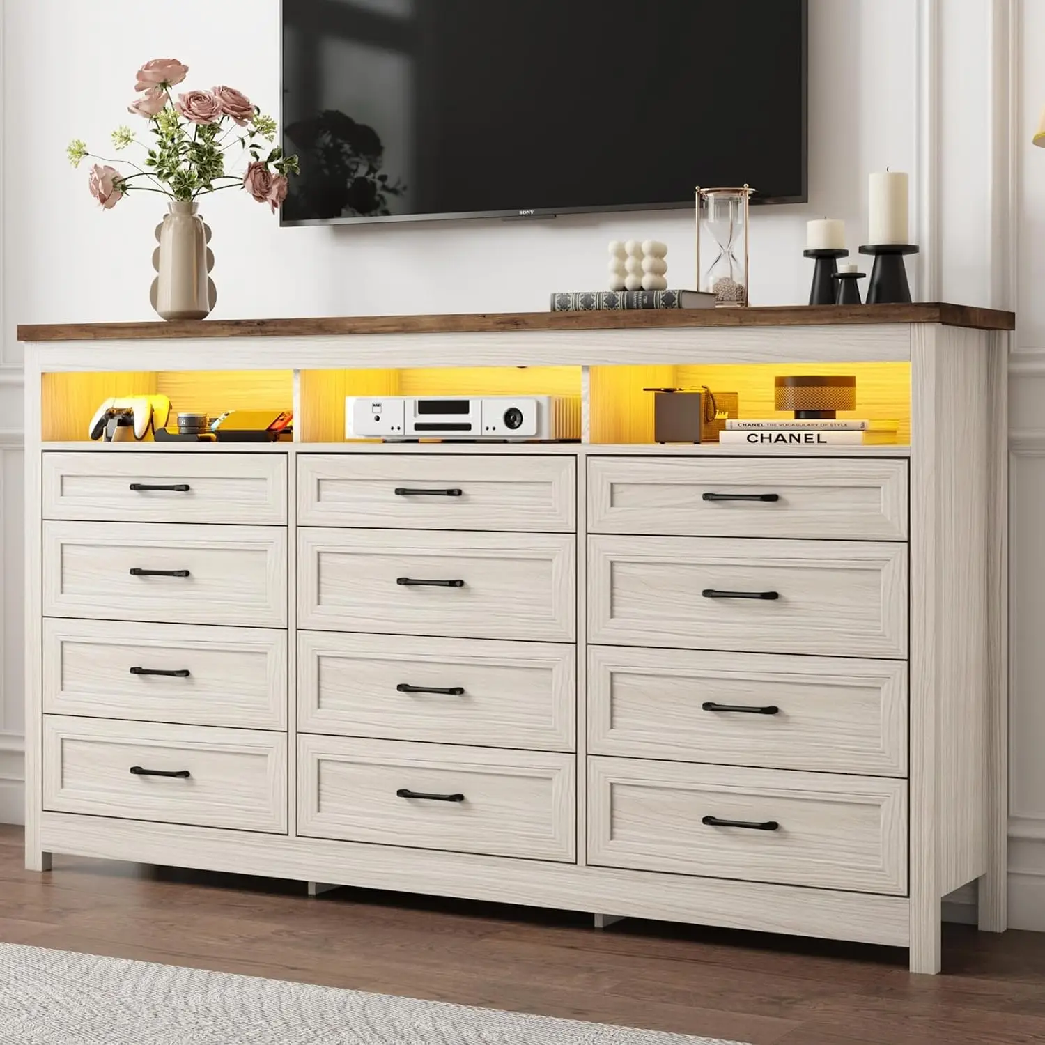 Farmhouse 12 Drawer Dresser With LED Lights, 71