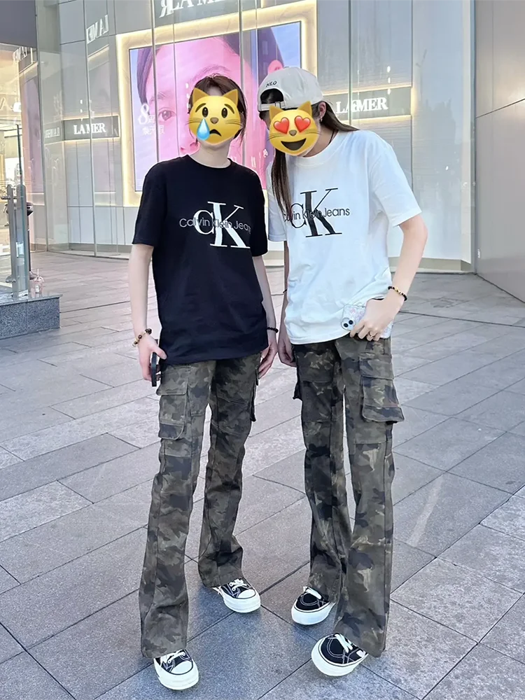 

American High Street Camouflage Wide Leg Jeans Women's Multiple Pockets Carpenter Pants Slim Fit Straight Leg Trousers