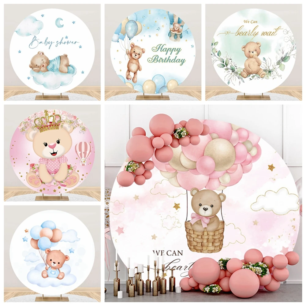 Yeele Newborn Birthday Party Bear Flowers Hot Air Balloon Round Elasticity Backdrop Baby Shower Circle Photography Background