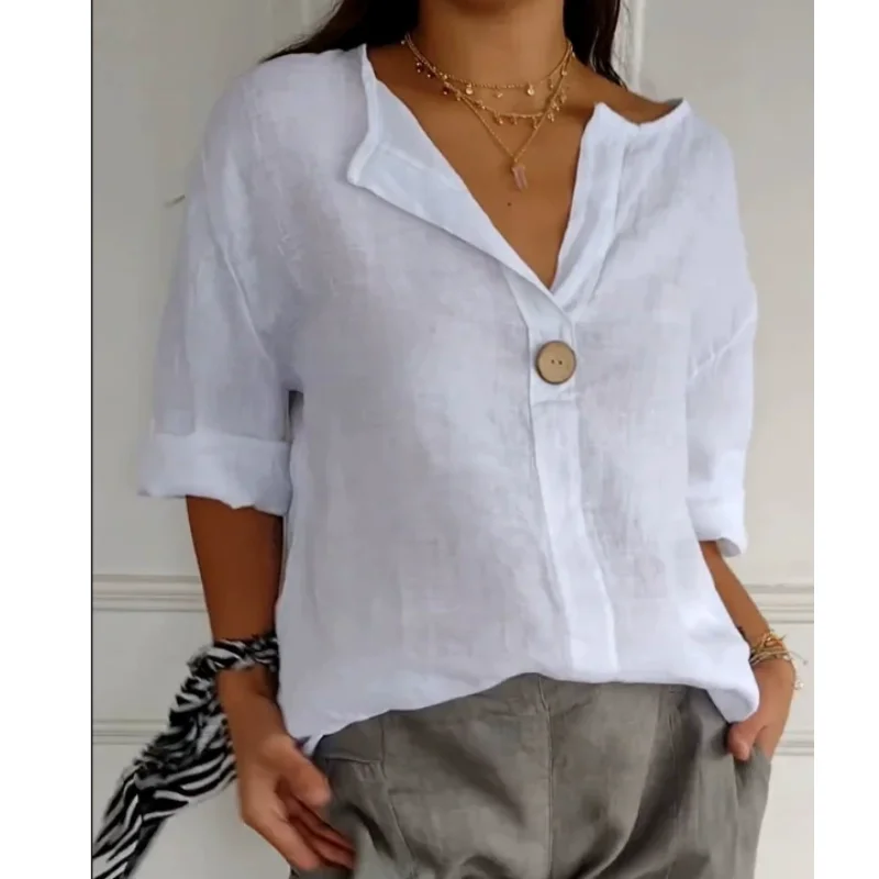 Plus Size Women's V-Neck Cotton Linen Button Top Loose Shirt Casual Shirt&Blouses Solid Fashion Elegant Office Womens Clothing view 6