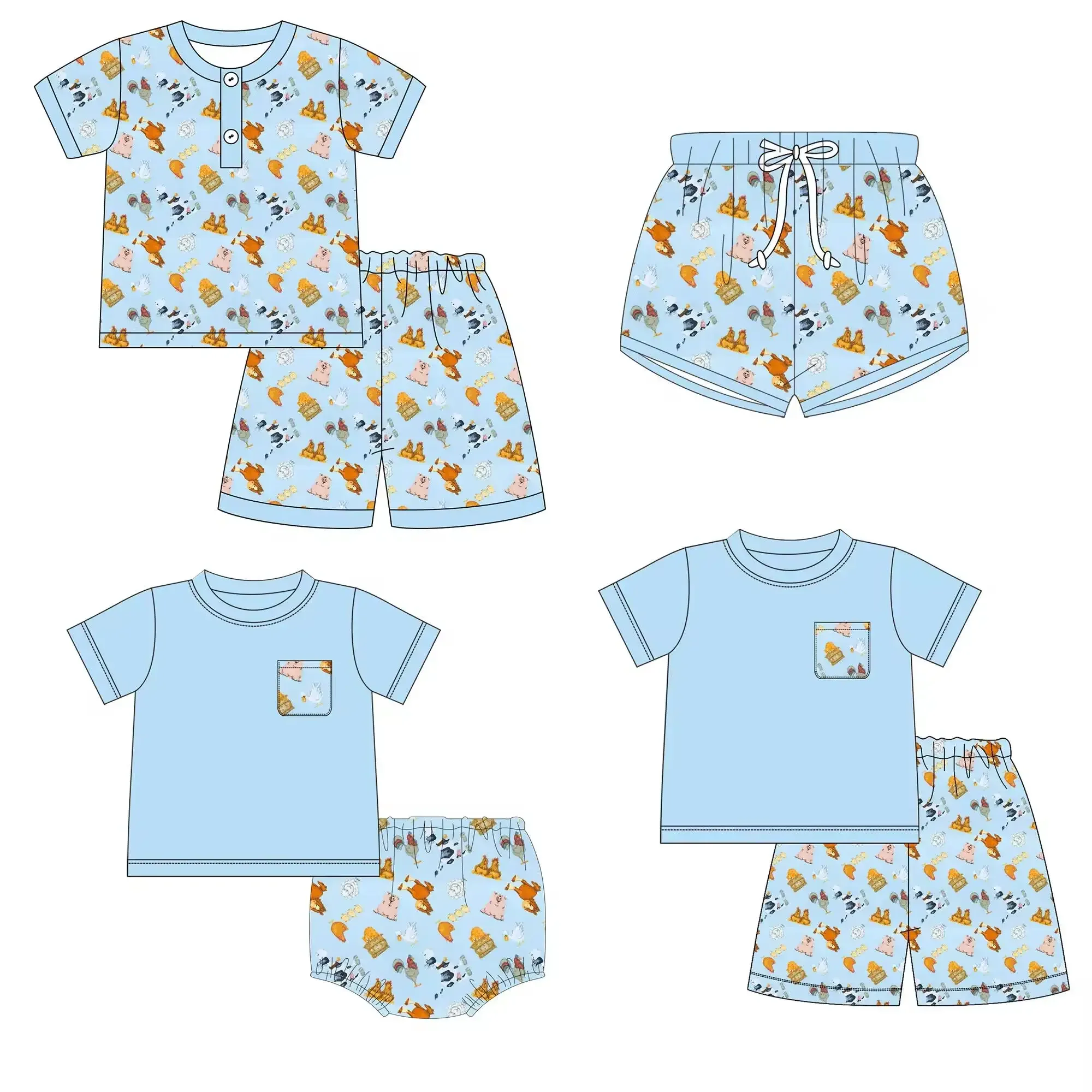 

New summer boutique boy series short-sleeved pocket farm chicken pig cow horse printed shorts children set pajamas set baby set