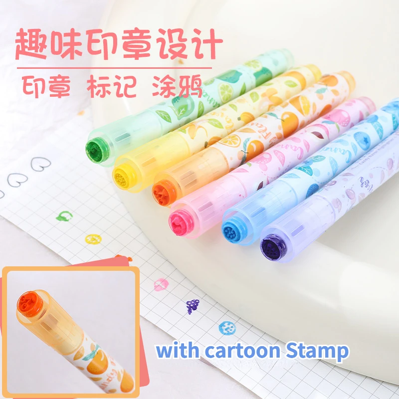 6pcs Kawaii Fragrance Highlighter Fruit Shape Stamp Marker Pens Art Graffiti Drawing Markers Stationery School Office Supplies