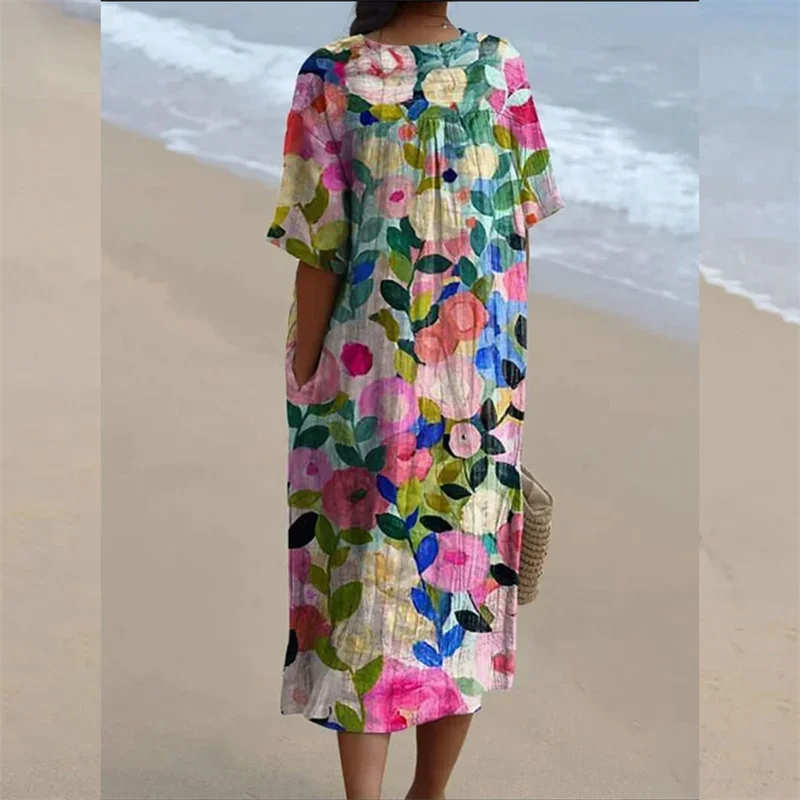 Elegant Print Women Dresses V Neck Pullover Side Pockets Dress Comfortable Casual Loose Waist Gown New Female Short Sleeve Frock