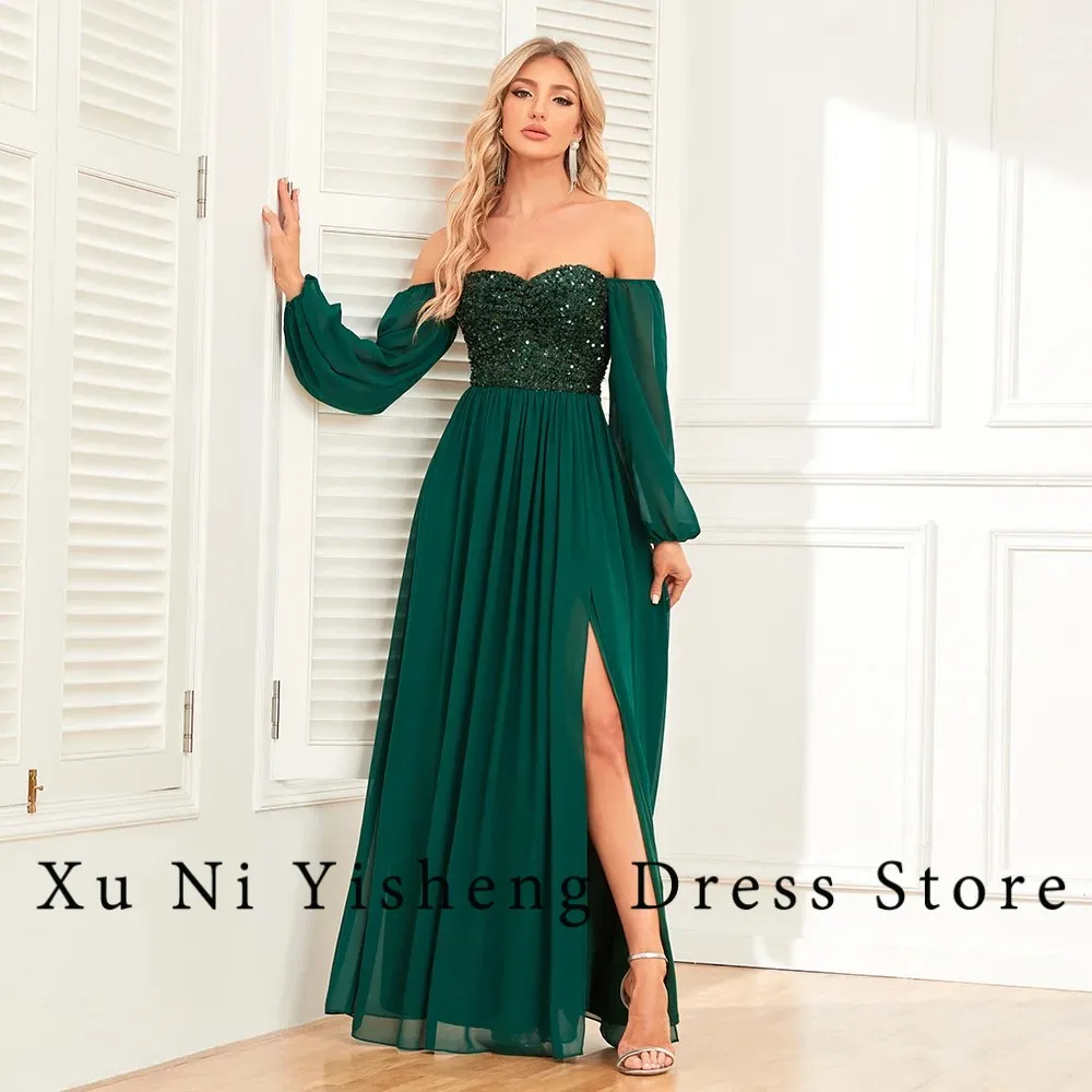 

Simple Prom Dress 2024 Women A-Line Sweetheart Off-Shoulder Sequined Chiffon Backless Birthday Evening Dress Vestidos De Gala