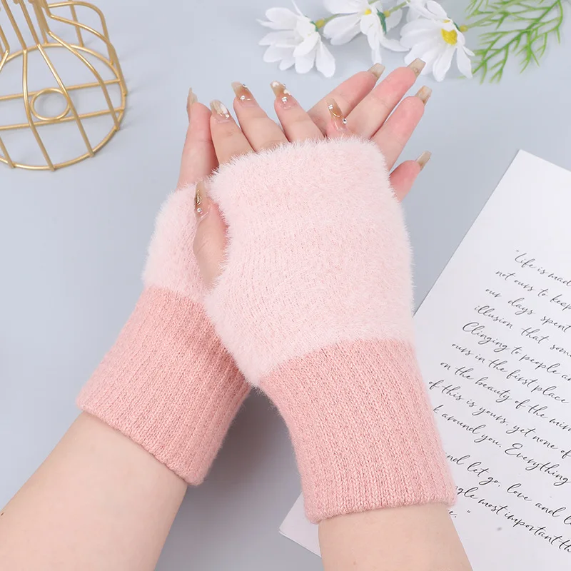 Guantes de medio dedo para pantalla táctil para mujer, guantes sin dedos de imitación de visón esponjoso, guantes elásticos para mano, muñeca,