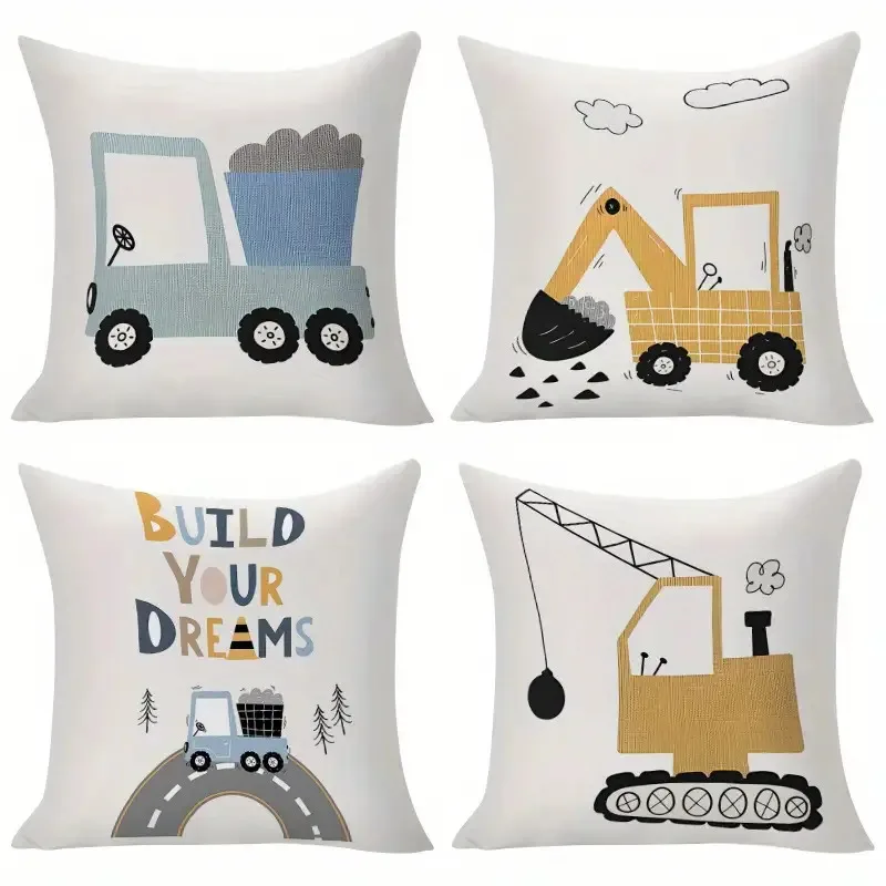 Construction Truck Style Pillow Covers Cute Vehicle Inspirational Quote Print Cushion Cases Playful Home Decor for Kids Bedroom