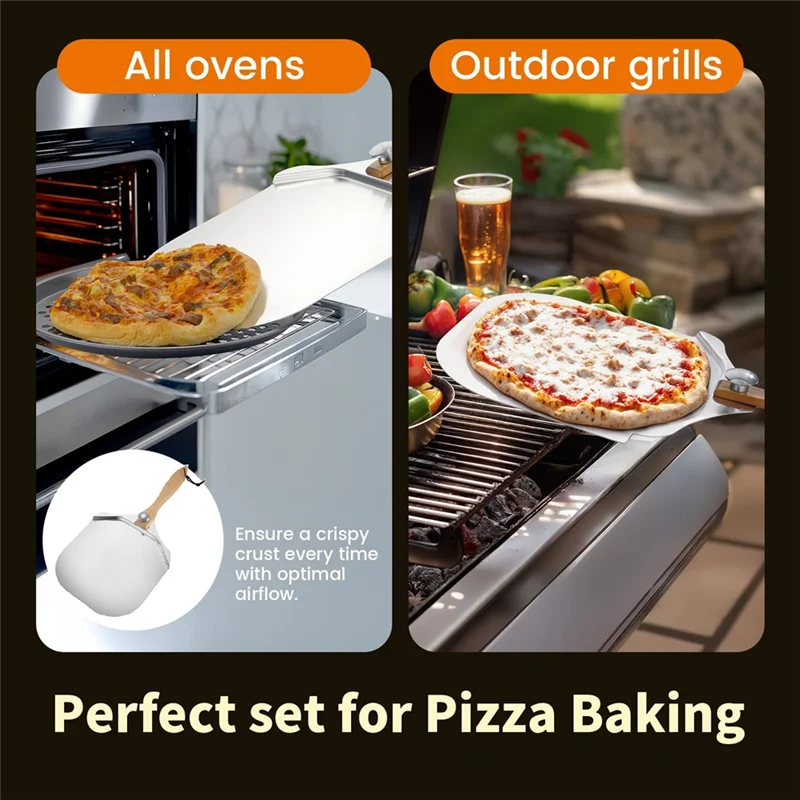

VOFUN-Pizza Peel Set(4 PCS), Aluminum Material With Metal Spatula, Foldable Wood Handle, Sauce Spoon& Pizza Rocker Cutter,For Ba
