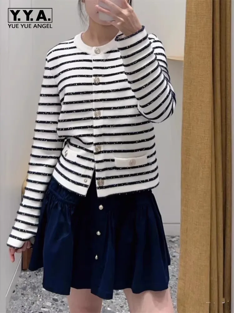 

Шикарная модная полосатая женская вязаная куртка с пайетками и круглым вырезом, осенний короткий топ во французском стиле, повседневное повседневное однобортное трикотажное пальто