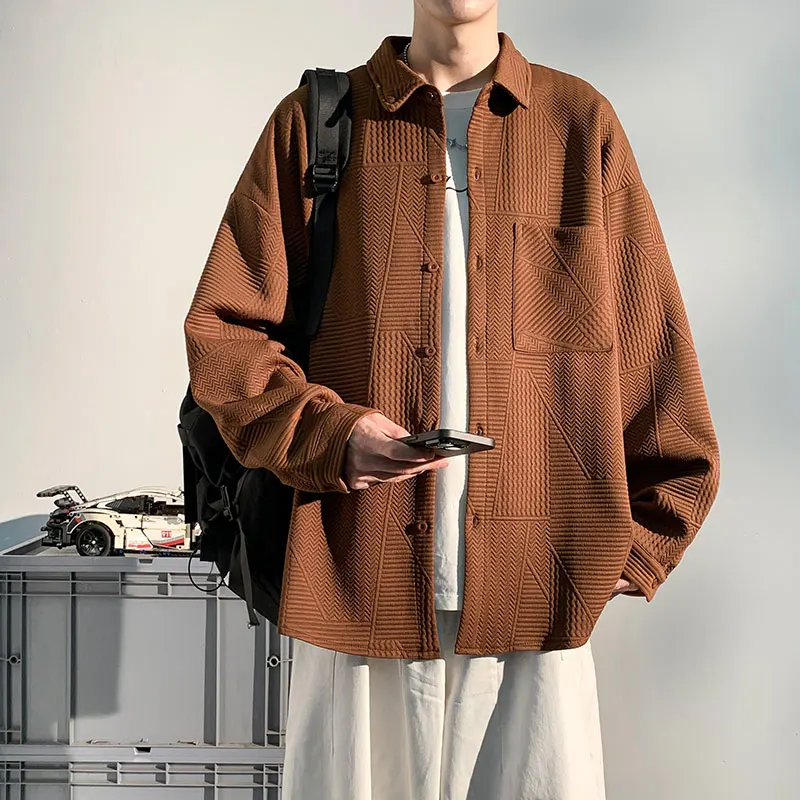 

Men's plus Size Casual Long Sleeve Shirt Single Breasted Solid Color Loose Fit Button down Top Jacquard Fabric Fall Fashion M-XX