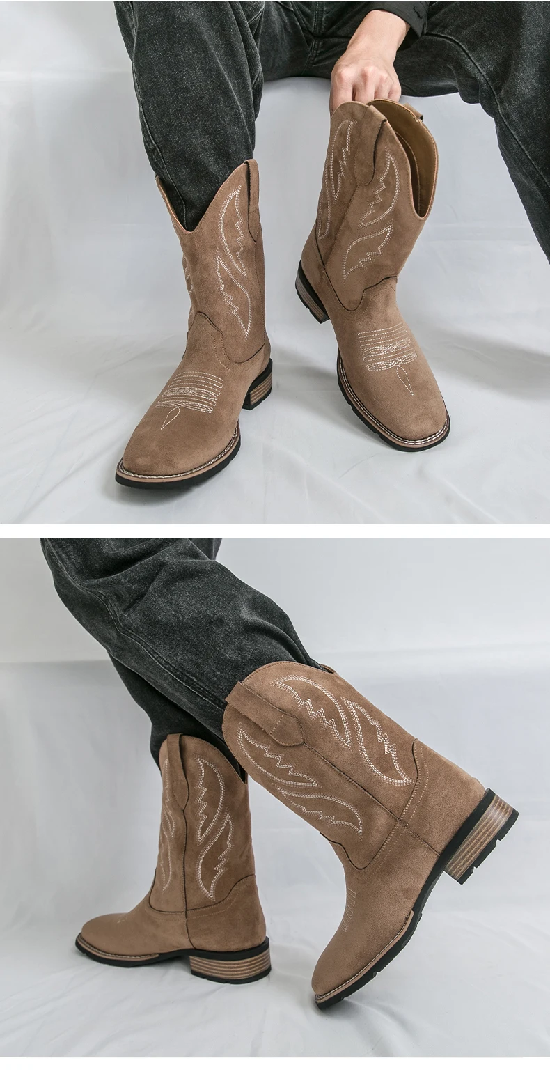 Neue Western Herren Cowboy Stiefel Vintage Mid-kalb Motorrad Stiefel Mode Wildleder Leder herren Stiefel Outdoor Casual Reitstiefel – Detail 14
