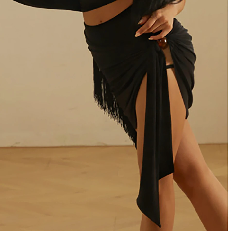 

Female Latin Dance Wrap Latin Dance Skirt Adult Draped Tassel Dance Practice Skirt With Built-In Shorts Stage Dancewear 26019