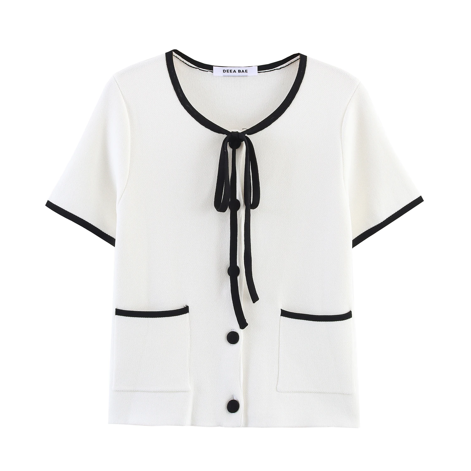 

2025 Summer New Women's Sexy and Fashionable Cross Color Edge Round Neck Short Sleeve Knitted Coat