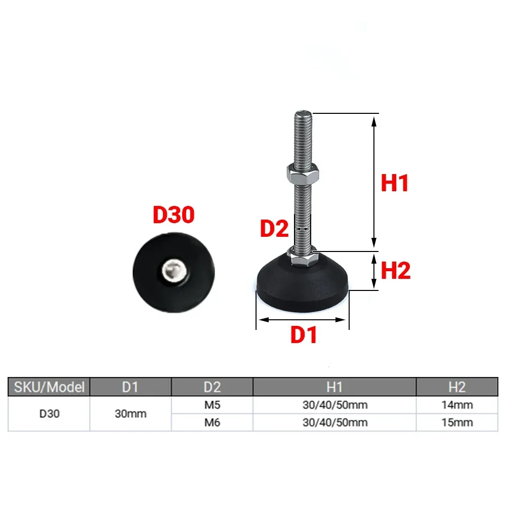 4Pcs M5 M6 Adjustable Lathe Leg Dia 30mm Thread Type SS304 Stainless Steel Foot Pad Levelling Feet Swivel Base Articulating Legs