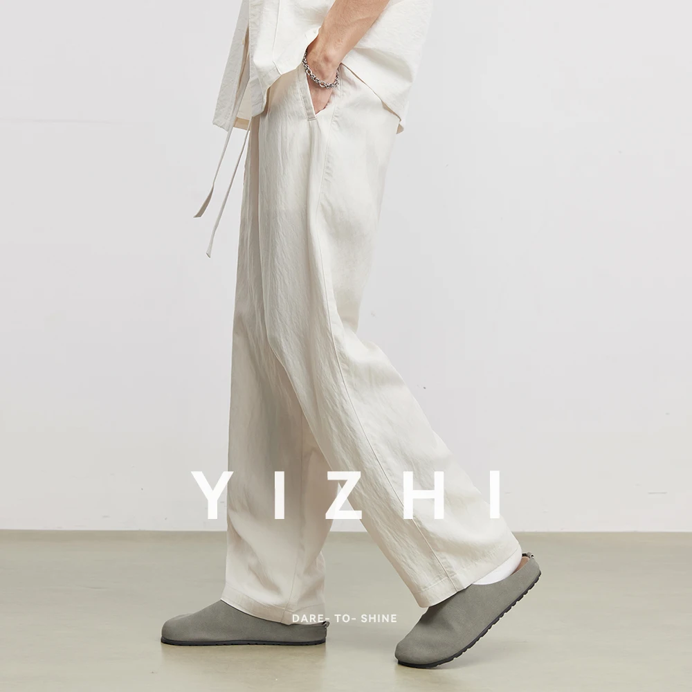

Men's Lyocell Linen Nylon Blend Casual Pants Summer Lightweight Breathable Wrinkle Drawstring Loose Straight Wide Leg Pants
