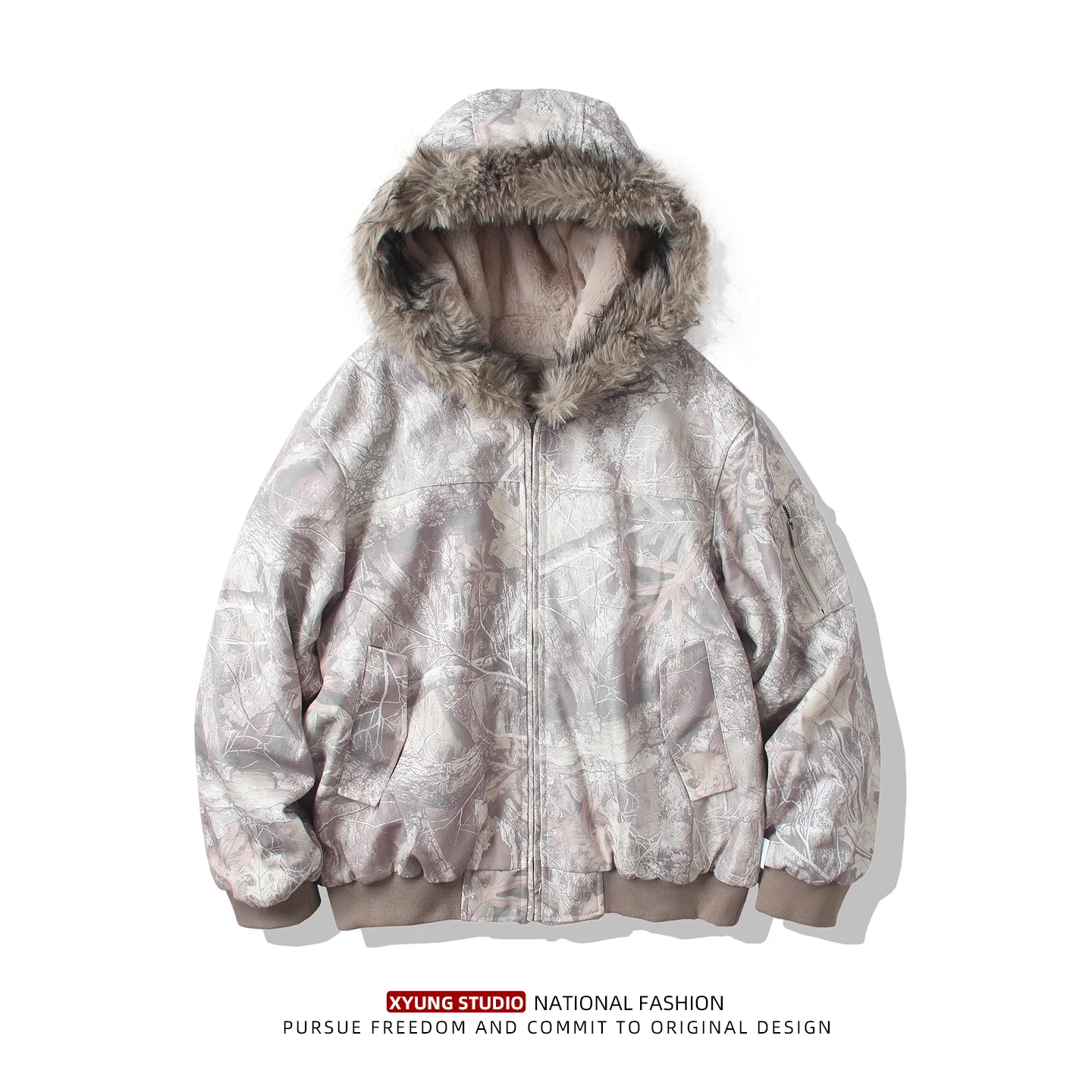 

American Sle Camouflage Pilot Jaet Men's Winter Cotton Coat with Fur Collar Double-Sided Wear Air Force Cotton Clothes