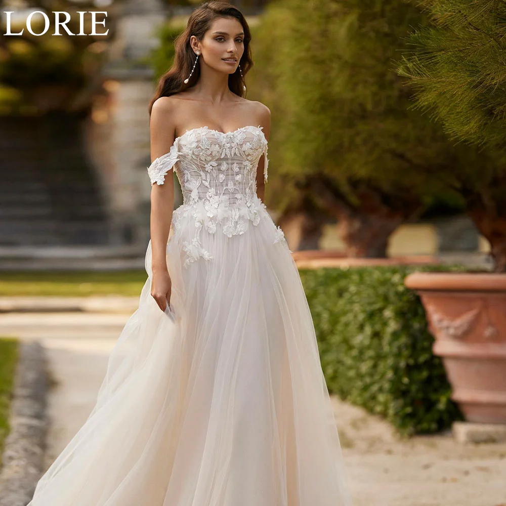 

LORIE Luxury Off Shoulder Tulle Wedding Dresses Sweetheart A-Line Lace Appliques 2024 Backless Bridal Gown for Wedding Party