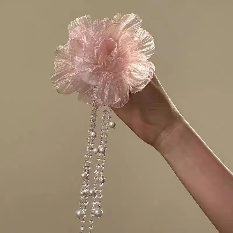 Elegant Organza Flower Hair Clip Dangling Pearl Tassel Lightweight Hair Accessory for Daily Wear Hanfu Wedding